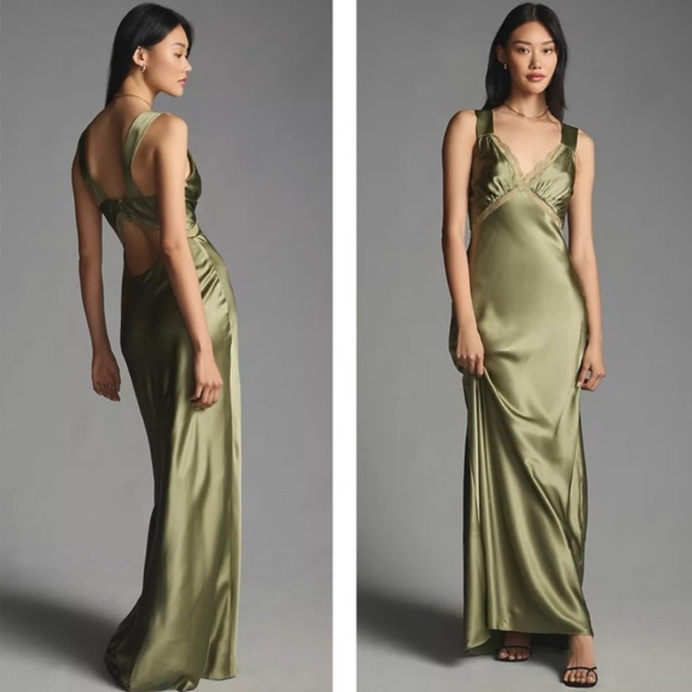 Reformation Chania Silk Maxi Dress with Lace in Artichoke Green Size Small